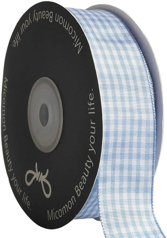 Light Blue Gingham Plaid Checked Ribbon 25 Yard Each Roll 100% Polyester (1", Light Blue) - Crafty Corner
