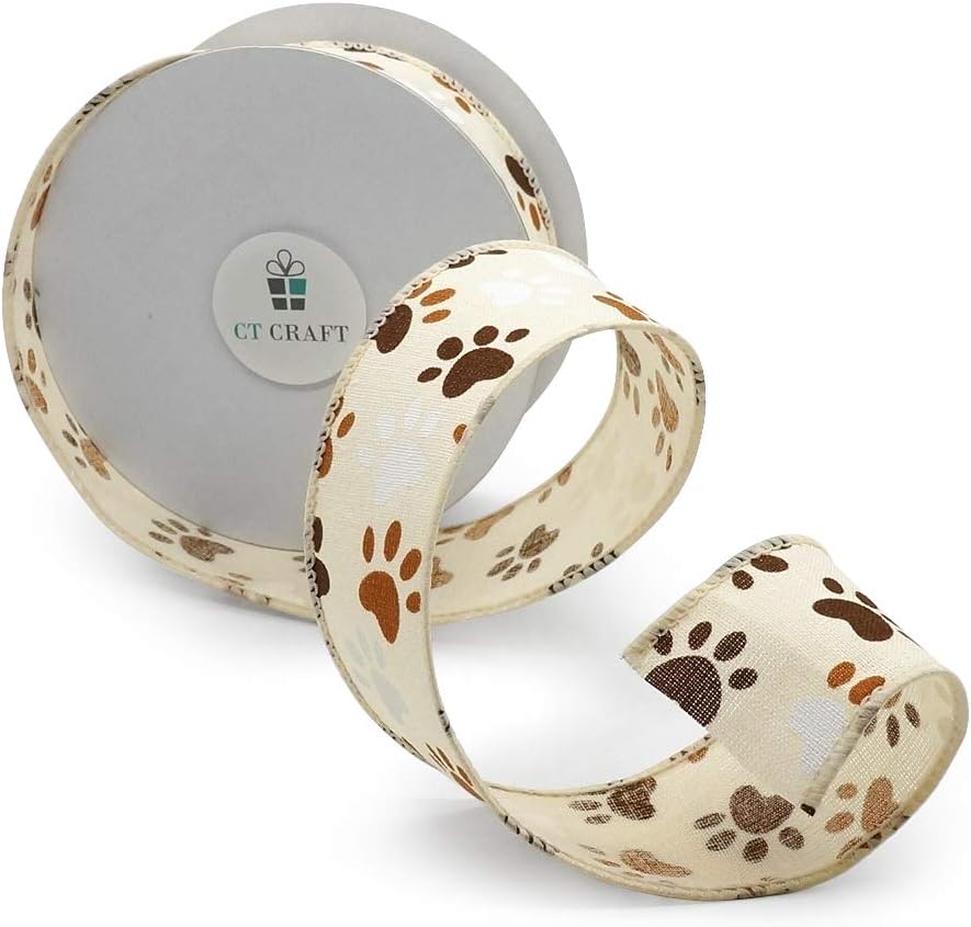 CT CRAFT LLC Ivory Canvas Dog Paw Wired Ribbon 1.5 Inch x 10 Yards for Christmas Home Decor Tree Topper Bow Gift Wrapping DIY Crafts Wreath Garland - Crafty Corner