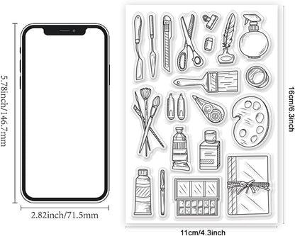 Painting Tools Clear Stamp for Scrapbooking Paint Brush Silicone Clear Stamp Pen Spatula Palette Rubber Transparent Seal Stamps for DIY Handbook Card Making Photo Album Journal Decoration - Crafty Corner