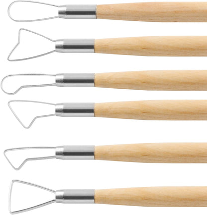 Suiwotin 6pcs Double-Sided Clay Sculpting Tools, Wooden Handle Ribbon Clay Tools, Pottery Trimming Tool, Clay Wire Loop Sculpture Set for Ceramic, Wax Carving Modeling
