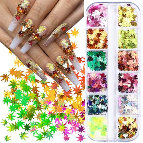 Thanksgiving Glitter Maple Leaf Nail Sequins Holographic Laser Mixed Color Fall Nail Flakes Design Nail Charms 3D Confetti Nail Art Stickers Maple Leaves Nail Glitter Sequins for Women (2 Ounce)