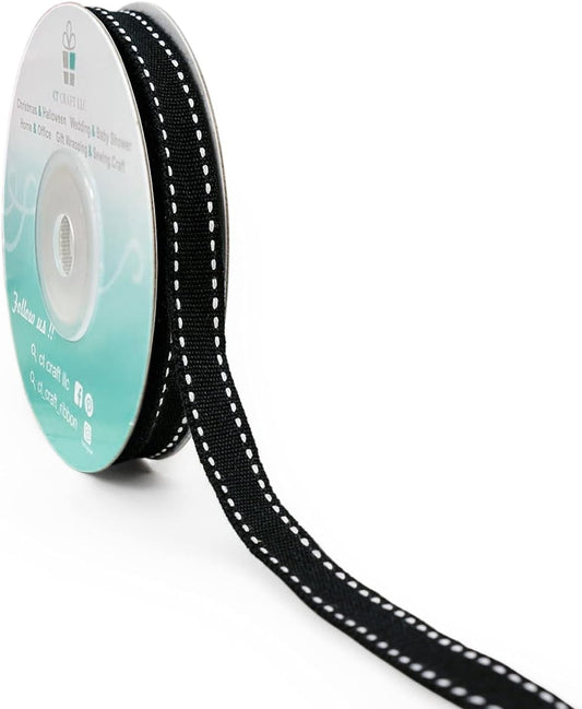 CT CRAFT LLC Black Cotton White Stitched Ribbon 3/8" x 10 Yards for Home Décor Gift Present Wrapping DIY Crafts Birthday Wedding Bouquet Christmas - Crafty Corner