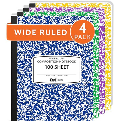 4 Pack EPI Wide Ruled Composition Notebook Assorted Marble Colors