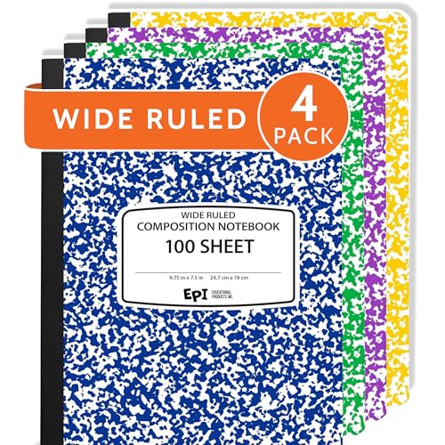 4 Pack EPI Wide Ruled Composition Notebook Assorted Marble Colors
