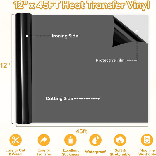 HTVRONT Black Heat Transfer Vinyl - 12" x 45FT Black HTV Vinyl Roll for T Shirts, Black Iron on Vinyl Compatible with Cricut Cutting Machine & Silhouette Cameo - Easy to Cut & Weed