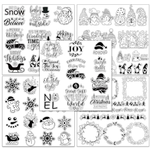 5 Sheet Christmas Clear Stamps Wreath Snowman Gnome Silicone Transparent Stamps Greeting Words Border Stamp Cards for DIY Craft Card Making Scrapbooking Embossing Album Decor (5 Count)