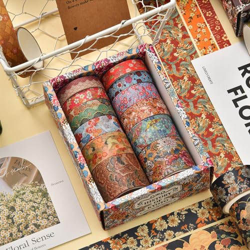 12 Rolls Kyoto Charm Washi Tape Set Japanese Arts Adhesive Tapes Geometric Garden Decorative Masking Tape Sets for Craft