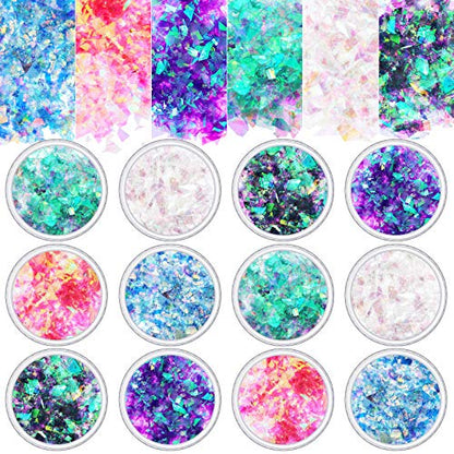 18 Boxes Mermaid Iridescent Chunky Glitter Flakes Chrome Nail Sequins Aurora Holographic Mermaid Nail Glitter Flake Glitters Chunky Iridescent Flakes for Face Eyes Body Hair Nails Decoration (18 Count)
