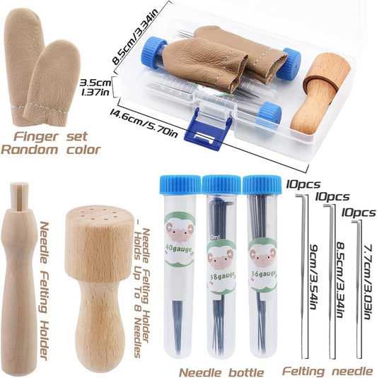 IMZAY Needle Felting Tools, Needle Felting Supplies, Needle Felting Kit with 3 Size 30Pcs Needles Felting Needles,Wooden Handle, Finger Cots, Perfect for DIY Felting Wool Projects