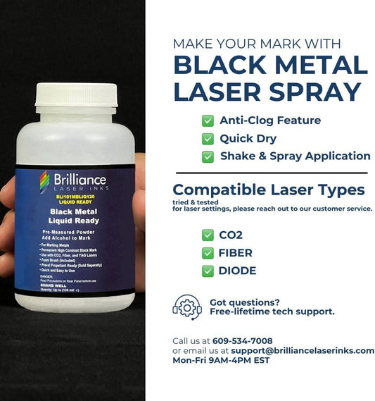 Liquid Ready Laser Marking Powder-Brilliance Laser Inks -BLI101MBLIQ120- Black Laser Ink for Metals Marking with CO2/Fiber/YAG (120 ml, Black)