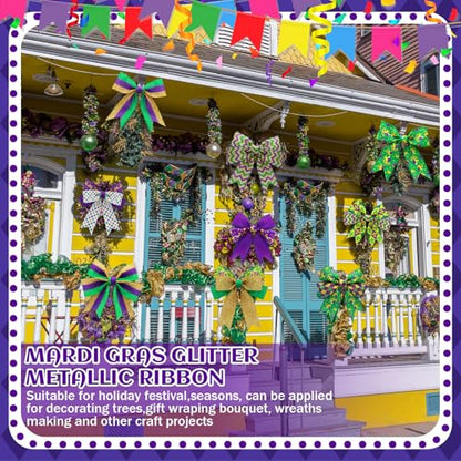 12 Rolls Mardi Gras Wired Edge Ribbon for Wreaths 2 Inch x 60 Yards Purple Green Yellow Stripe Print Grosgrain Ribbon for Mardi Gras Party Decorative Supplies (12 Count)