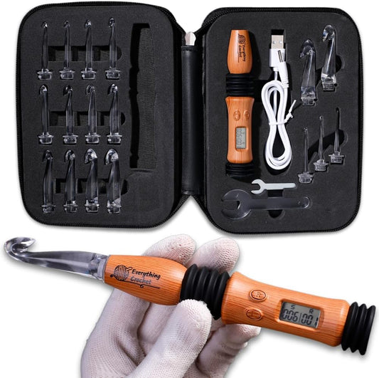 Everything Crochet Vintage Counting Crochet Hook Set with Light & Counter - Ergonomic for Arthritic Hands - Light up, Digital Stitch & Row Counter - 17 Size Interchangeable Hooks Kit - Cool Gift