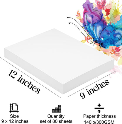 Watercolor Paper 9x12 inches 80 Sheets,Heavyweight Artist Paper 140lb/300GSM Cold Press Natural Cotton Paper for Students Artists Watercolor Drawing