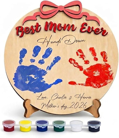 Personalized Best Mom Ever Hands Down Decorative Sign, Family Handprint with Non-Toxic Paints, Toddler Crafts for Mother's Day, Mom Birthday Gifts from Kids