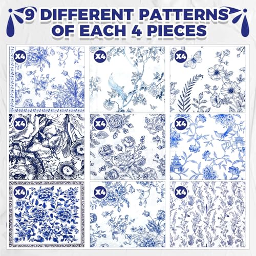 36 Pack 9 Styles Decoupage Napkins Blue Flowers Chinoiserie Napkins (36 count)