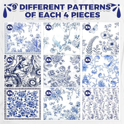 36 Pack 9 Styles Decoupage Napkins Blue Flowers Chinoiserie Napkins (36 count)