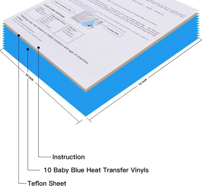 JANDJPACKAGING Baby Blue Heat Transfer Vinyl HTV - 10 Sheets Easy to Weed T-Shirt Iron on Vinyl Compatible with Cricut Cutting Machine & Silhouette Cameo, All Craft Cutters