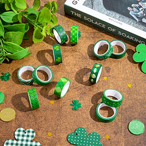 12 Rolls St. Patrick's Day Washi Tape Green Shamrock Washi Masking Tapes 15mm Clover Plaids Lucky Holiday Paper Tape Sticker for Irish Party Scrapbook Gift Packing DIY Craft Decor (196.8 Foot)