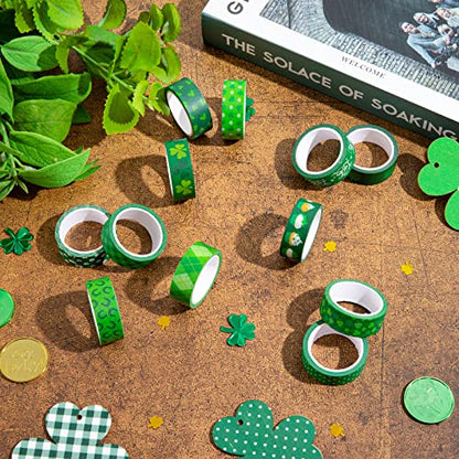 12 Rolls St. Patrick's Day Washi Tape Green Shamrock Washi Masking Tapes 15mm Clover Plaids Lucky Holiday Paper Tape Sticker for Irish Party Scrapbook Gift Packing DIY Craft Decor (196.8 Foot)