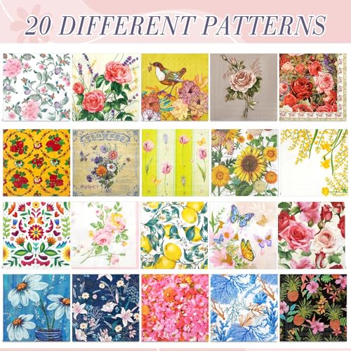 20 Pack Decoupage Napkins Floral Cocktail Decorative Paper Napkins (20 Count)