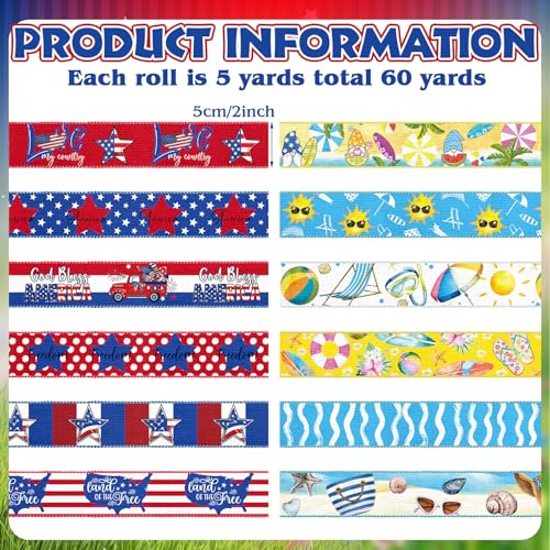 12 Rolls Summer Wired Edge Ribbon for Wreaths (12 Count)