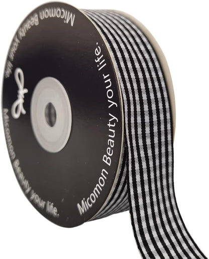 1 Inch Black and White Woven Edge Gingham Ribbon 25 Yards Each Roll 100% Polyester (1", Black) - Crafty Corner