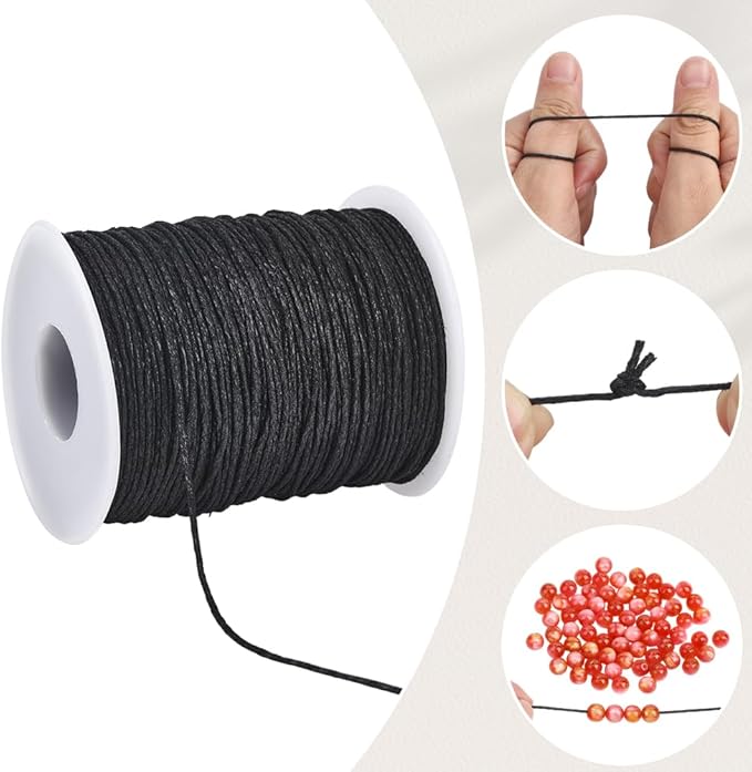 2 Rolls 200 Yards 1MM Black Wax Cotton Cord Beading Rope Thread String Macrame Artisan Soft Sturdy Waxed Sewing Cords Spool for Jewelry Making Bracelets Necklace Crafting Vase Decor Supply