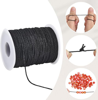 2 Rolls 200 Yards 1MM Black Wax Cotton Cord Beading Rope Thread String Macrame Artisan Soft Sturdy Waxed Sewing Cords Spool for Jewelry Making Bracelets Necklace Crafting Vase Decor Supply