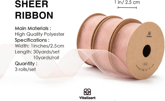 Vitalizart Rose Gold Ribbon Organza Sheer Ribbon 1 inch x 30Yd Handmade Fabric Light Pink Ribbons for Gift Wrapping Christmas Tree Crafts Bows Wedding Invitations Wreaths Wrap
