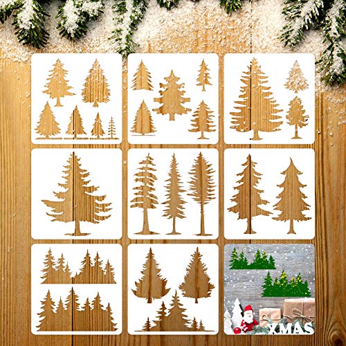8 Pieces Pine Tree Stencils Art Painting Templates Stencils for Painting on Wood Winter Holiday DIY Wall Floor Decor Supplies (8 Count)