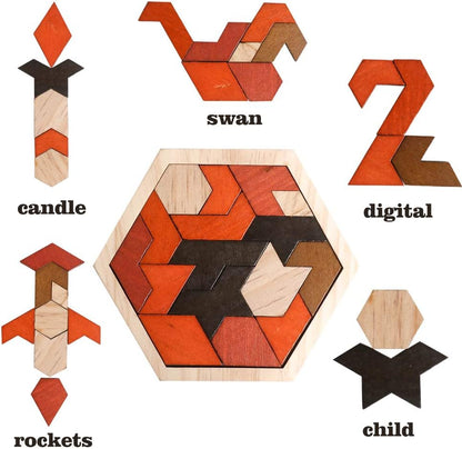 Skrtuan Wooden Puzzle Hexagon Tangram Puzzle for Kids Adults Brain Teasers Puzzles Game Challenge Toy Shape Pattern Block Tangram Family Portable Montessori Educational Gift for Kids Boys Girls