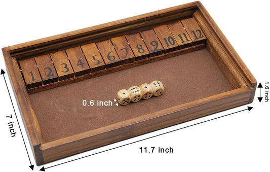 Juegoal Shut The Box Wooden Board Dice Game with 12 Numbers and Lid for Kids Adults Families, 2 Players and Up