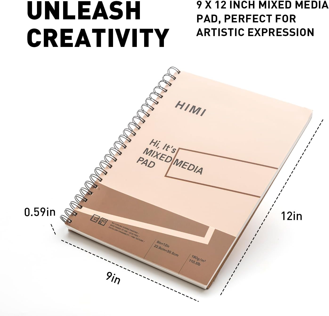 HIMI Mix Media Paper Pad 9X12''(180g/m²) 40 Sheets Mix Paper Pad, Side Wire Bound, Fine Texture, in Gouache Acrylic Art Pad for Sketching, Ink Sketch Book, Art Supplies Drawing Pad Gift (Pink) - Crafty Corner
