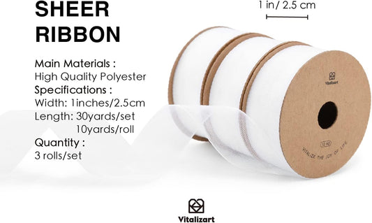 Vitalizart White Ribbon Organza Sheer Ribbon 1 inch x 30 Yd Handmade Fabric Ribbons for Gift Wrapping Christmas Tree Crafts Bows Wedding Invitations Wreaths Wrap Off White