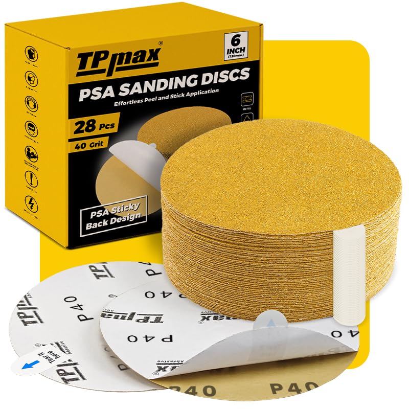 6-Inch 40-Grit Gold PSA Sanding Discs, 28 Pack – Pro-Grade Self-Adhesive Stickyback Sandpaper with Quick-Release Tabs for DA Sander, Coarse Automotive/Wood/Metal Sanding (28 Count)