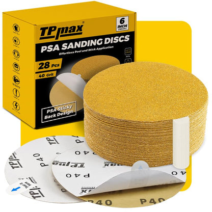 6-Inch 40-Grit Gold PSA Sanding Discs, 28 Pack – Pro-Grade Self-Adhesive Stickyback Sandpaper with Quick-Release Tabs for DA Sander, Coarse Automotive/Wood/Metal Sanding (28 Count)