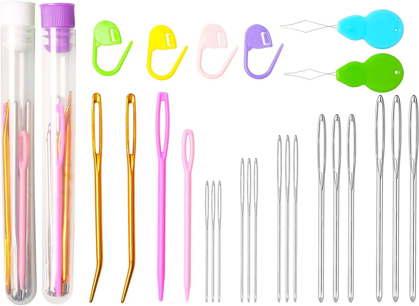 Hekisn 45Pcs Large Eye Blunt Yarn Needles kit, Assorted Sizes Bent Tapestry Darning Needle, Sewing Needles with Needle Threaders & Stitch Markers for Knitting Crochet (Purple&White)
