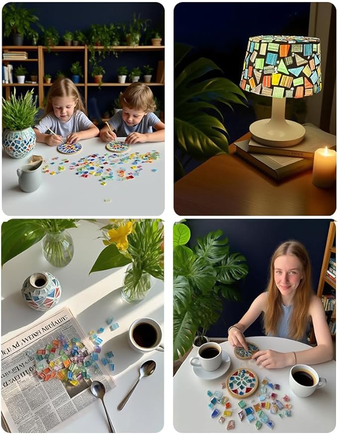 1.1LB Glass Mosaic Tiles for Crafts – Mixed Shape, Vibrant Color, Pre-Cut Smooth Edges for DIY Coasters, Picture Frames, Vases, Candle Holders