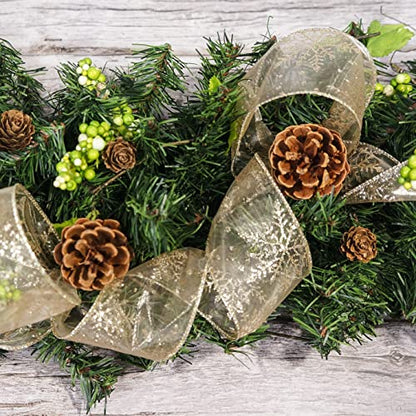 Organza with Champagne Gold Glitter Snowflakes Wired Ribbon 2.5 inch x 50 Yards for Christmas Home Decor Tree Topper Bow Gift Wrapping DIY Crafts Wreath Garland Wedding (150 Foot)