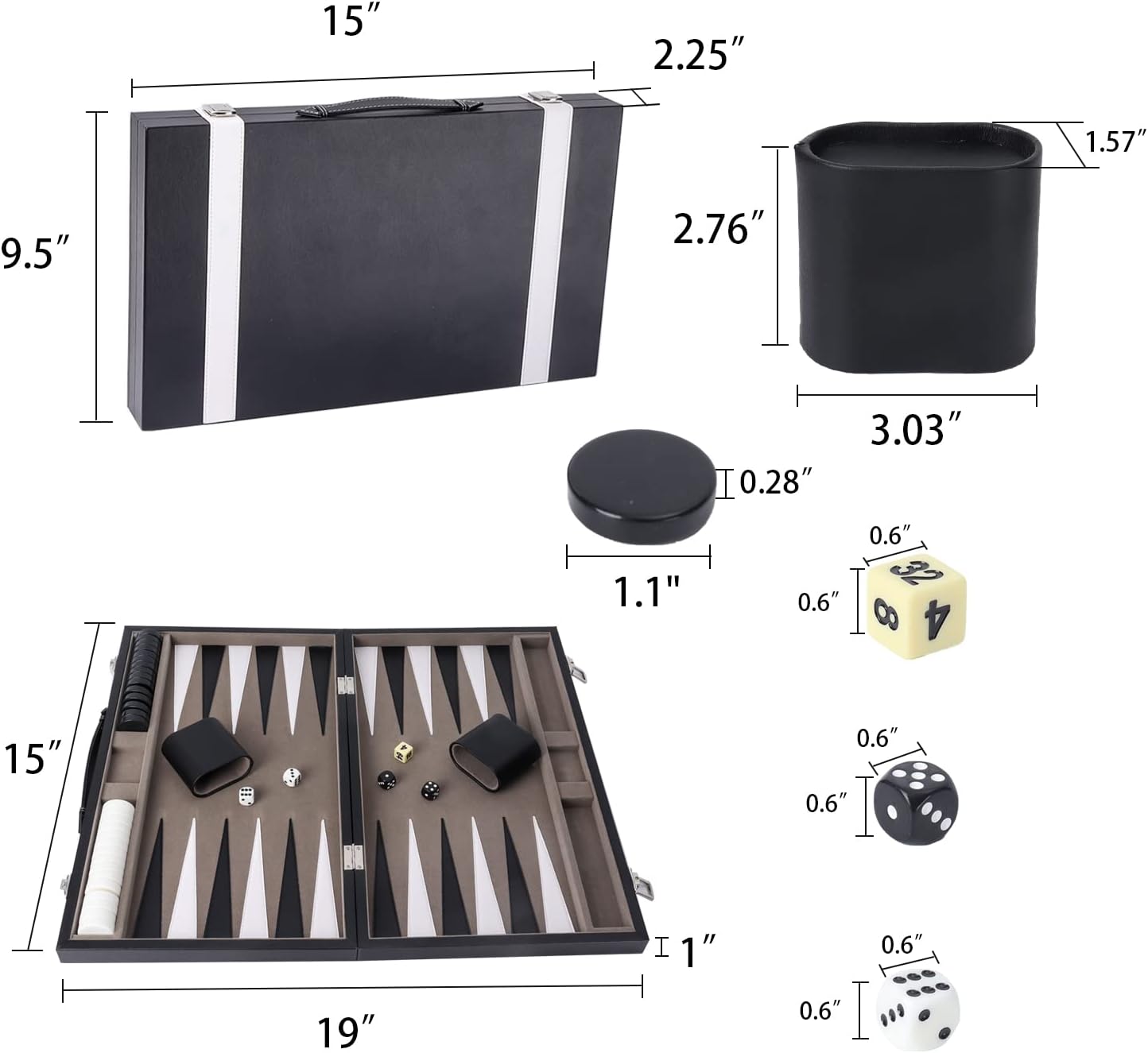 GSE Games & Sports Expert Premium Leather Backgammon Board Game Set, Classic Backgammon Game Set with Leather Case, Travel Folding Board Game (Black&Grey, Medium)