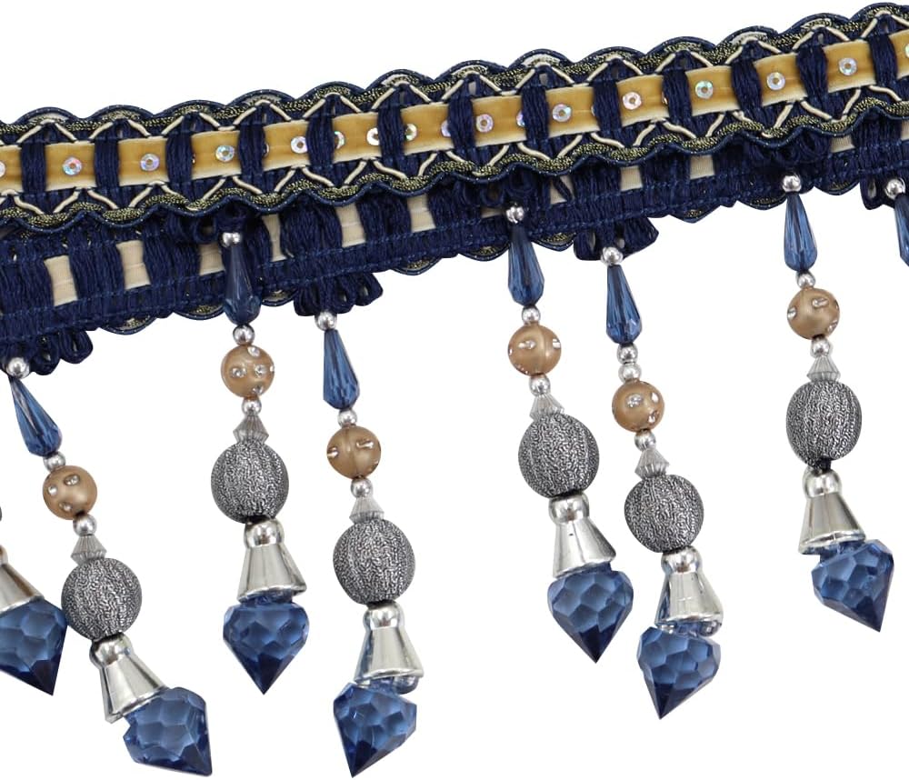 3yards Beading Fringe Trimming Long Beads Tassel Curtain Trim Ribbon Trim for Cover Edge Decorative (deep blue) - Crafty Corner