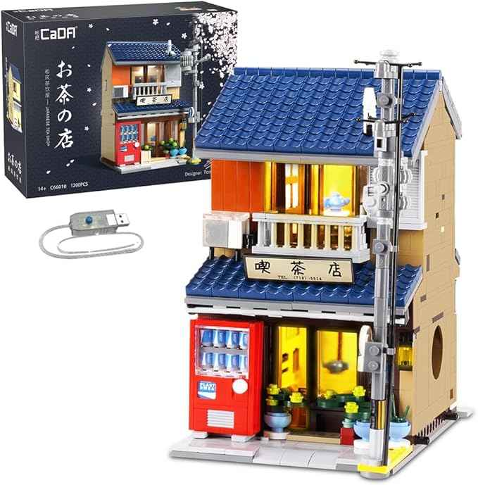 CaDA Japanese Style Tea House Building Block, Master C66010W Japan Street Shop Brick Set with Lights, 1200PCS Modular House Idea Gift for Boys Adults