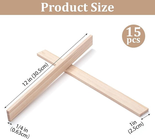 Wood Strips Slats Wooden Dowels for Crafts 1/4" × 1" × 12", 15 PCS Wood Trim Flat Lumber Boards Square Dowel Rods Wooden Sticks for Crafting, Woodworking, Model Making