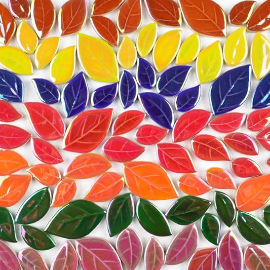 Mosaic Tiles for Crafts Bulk - Mini Ceramic Leaves Pieces for DIY Kits & Adults DIY Mosaic Making Hobbies Decoration Stepping Stone and etc. (Iridescent Ceramic Rhomboid Leaf Mix)