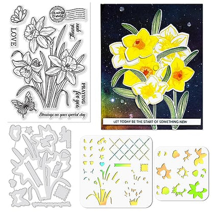 Realistic Daffodil Flower Stamps and Dies and Layering Coloring Stencil Set