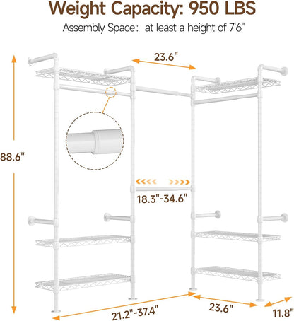 L3 Industrial Pipe Closet Organizer System, Wall Mounted Clothes Rack Clothing Racks with 4 Telescopic Rods & 6 Shelves , Heavy Duty Closet System in Wardrobe Closet (White)