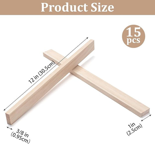 Wood Strips Slats Wooden Dowels for Crafts 3/8" × 1" × 12", 15 PCS Wood Trim Flat Lumber Boards Square Dowel Rods Wooden Sticks for Crafting, Woodworking, Model Making