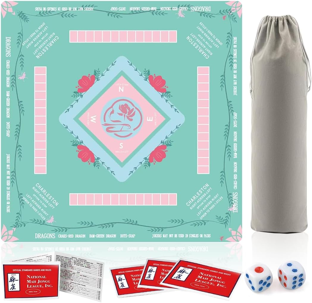 Mahjong Table Mat: 32.4 * 32.4 Inches Non-Slip and Noise-Reducing Mahjong Mat, Suitable for Mahjong, Poker, and Board Games. It Comes with 4 Mahjong Rule Cards, 2 Dice, and 1 Storage Bag.