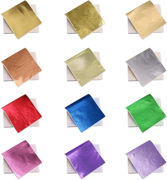 KINNO 12 Colors Imitation Gold Leaf Sheets Multi-Color Gold Leaf Paper - 600 Pieces for Arts Decoration, DIY Crafts, Furniture, Nails, Paintings 3.15 by 3.35 Inches