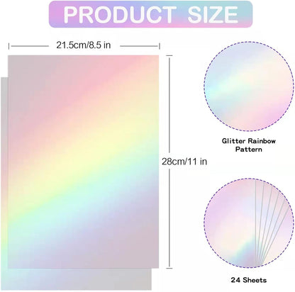 Holographic Sticker Paper, 24 Sheets Transparent Holographic Laminate Vinyl Sheets, Clear Overlay Lamination Sticker Film Self Adhesive Waterproof with Rainbow Patterns - 8.5 x 11 Inch (Laser Style)